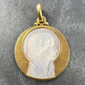 French Becker Virgin Mary Mother of Pearl 18K Yellow Gold Charm Pendant