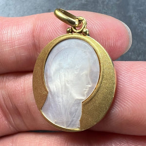 French Becker Virgin Mary Mother of Pearl 18K Yellow Gold Charm Pendant