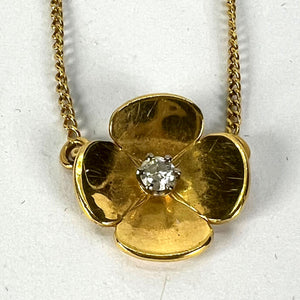 Vintage French Quatrefoil Flower 18K Yellow Gold Diamond Pendant Necklace