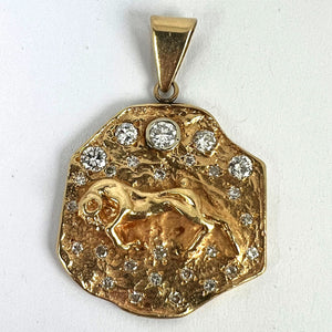 Zodiac Taurus Aries 14K Yellow Gold Diamond Medal Pendant