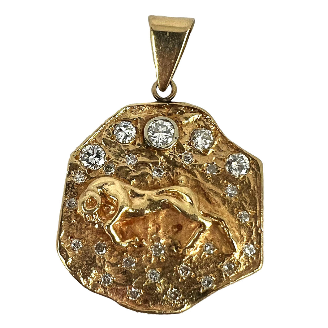 Zodiac Taurus Aries 14K Yellow Gold Diamond Medal Pendant