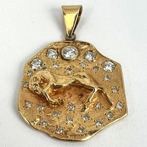 Zodiac Taurus Aries 14K Yellow Gold Diamond Medal Pendant