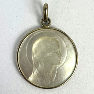 French Virgin Mary Mother of Pearl 18K White Gold Medal Pendant