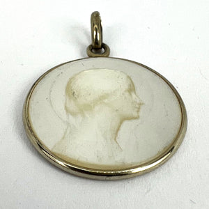 French Virgin Mary Mother of Pearl 18K White Gold Medal Pendant