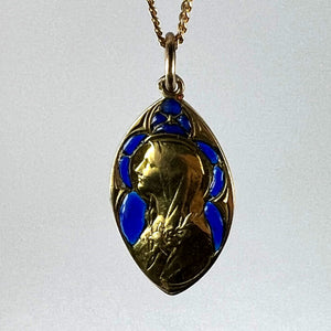 French Guilbert Virgin Mary Plique A Jour Enamel 18K Yellow Gold Pendant Medal