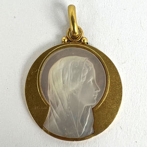 French Becker Virgin Mary Mother of Pearl 18K Yellow Gold Charm Pendant