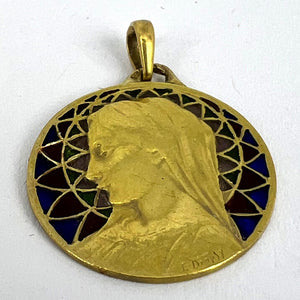 French E Dropsy Virgin Mary Plique A Jour Enamel 18K Yellow Gold Pendant Medal