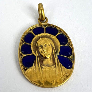 French Pierly Virgin Mary Plique A Jour Enamel 18K Yellow Gold Pendant Medal