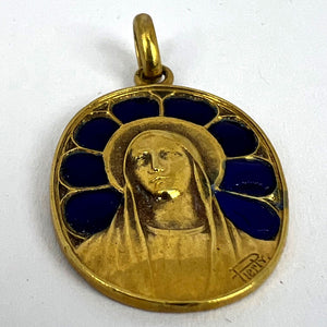 French Pierly Virgin Mary Plique A Jour Enamel 18K Yellow Gold Pendant Medal