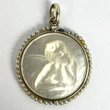 Load image into Gallery viewer, French Mother of Pearl Rafael’s Cherub 18K White Gold Seed Pearl Medal Pendant
