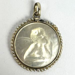 French Mother of Pearl Rafael’s Cherub 18K White Gold Seed Pearl Medal Pendant