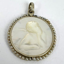 Load image into Gallery viewer, French Mother of Pearl Rafael’s Cherub 18K White Gold Seed Pearl Medal Pendant
