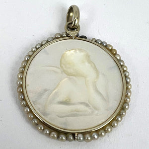 French Mother of Pearl Rafael’s Cherub 18K White Gold Seed Pearl Medal Pendant