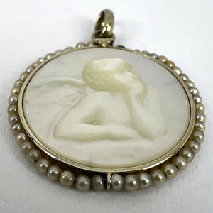 French Mother of Pearl Rafael’s Cherub 18K White Gold Seed Pearl Medal Pendant