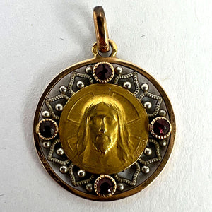 French Vernon Jesus Christ 18K Yellow Gold Ruby Charm Medal Pendant