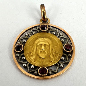 French Vernon Jesus Christ 18K Yellow Gold Ruby Charm Medal Pendant