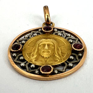 French Vernon Jesus Christ 18K Yellow Gold Ruby Charm Medal Pendant