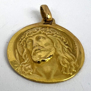 French Charl 18K Yellow Gold Jesus Christ Crown of Thorns Medal Charm Pendant