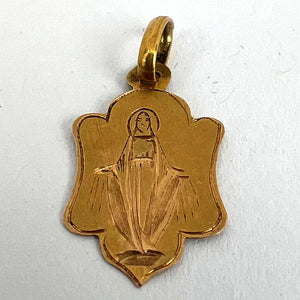 French Virgin Mary 18K Yellow Gold Antique Engraved Charm Pendant Medal