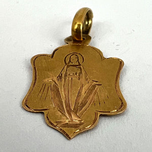 French Virgin Mary 18K Yellow Gold Antique Engraved Charm Pendant Medal