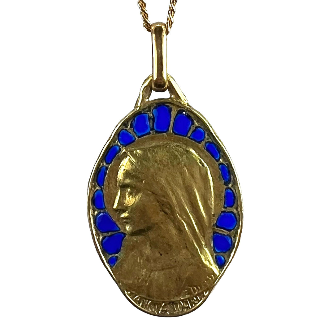 French Dropsy Virgin Mary Plique A Jour Enamel 18K Yellow Gold Pendant Medal