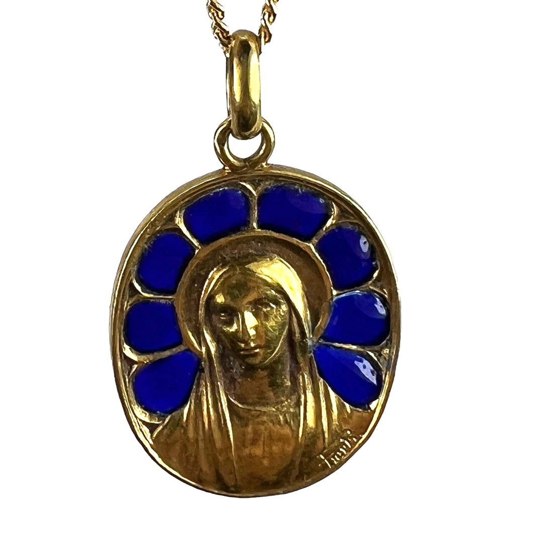 French Pierly Virgin Mary Plique A Jour Enamel 18K Yellow Gold Pendant Medal