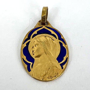 French Dropsy Virgin Mary Plique A Jour Enamel 18K Yellow Gold Pendant Medal