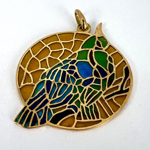 French Bird Plique A Jour Enamel 18K Yellow Gold Pendant Medal