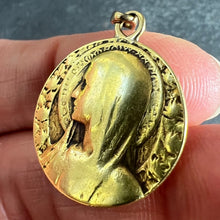 Load image into Gallery viewer, French Virgin Mary Roses and Leaves 18K Yellow Gold Religious Medal Pendant
