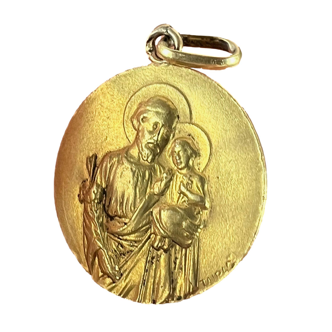 French Tairac Saint Joseph and Jesus 18K Yellow Gold Medal Pendant