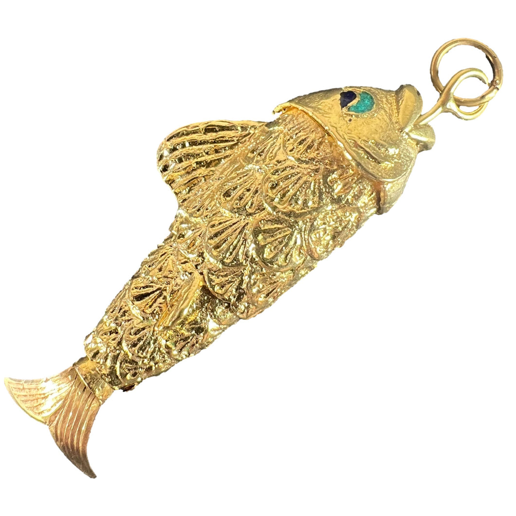 Large Vintage 18K Yellow Gold Articulated Lucky Fish Charm Pendant