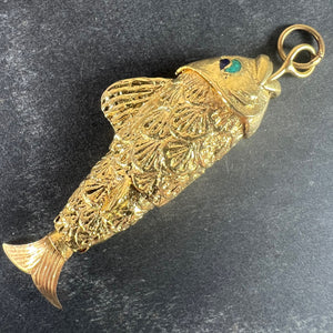 Large Vintage 18K Yellow Gold Articulated Lucky Fish Charm Pendant