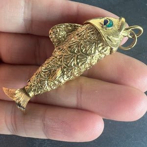 Large Vintage 18K Yellow Gold Articulated Lucky Fish Charm Pendant