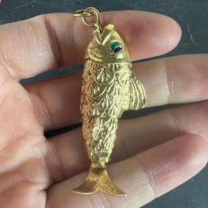 Large Vintage 18K Yellow Gold Articulated Lucky Fish Charm Pendant