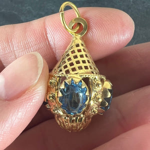 Large Vintage 18K Yellow Gold Blue Paste Etruscan Charm Pendant