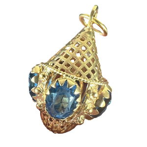 Large Vintage 18K Yellow Gold Blue Paste Etruscan Charm Pendant