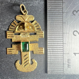 Vintage Aztec Inca God Icon 18K Yellow Gold Emerald Charm Pendant