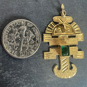 Vintage Aztec Inca God Icon 18K Yellow Gold Emerald Charm Pendant