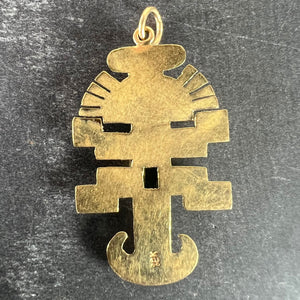 Vintage Aztec Inca God Icon 18K Yellow Gold Emerald Charm Pendant
