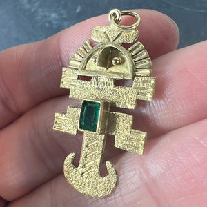 Vintage Aztec Inca God Icon 18K Yellow Gold Emerald Charm Pendant