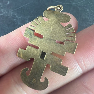 Vintage Aztec Inca God Icon 18K Yellow Gold Emerald Charm Pendant