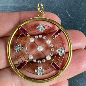 Edwardian Target Diamond Pearl Ruby 18K Yellow Gold Pendant