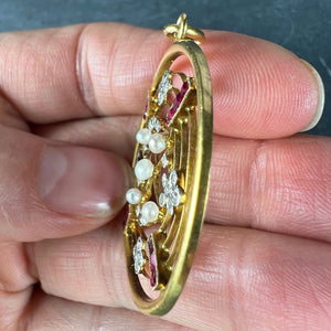 Edwardian Target Diamond Pearl Ruby 18K Yellow Gold Pendant