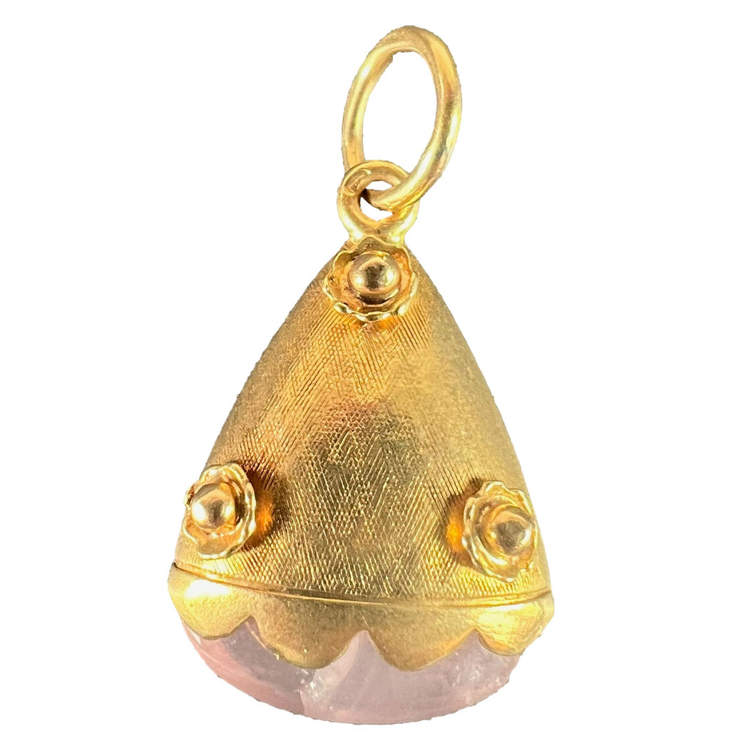 Vintage Rose Quartz Flowers 18 Karat Yellow Gold Charm Pendant