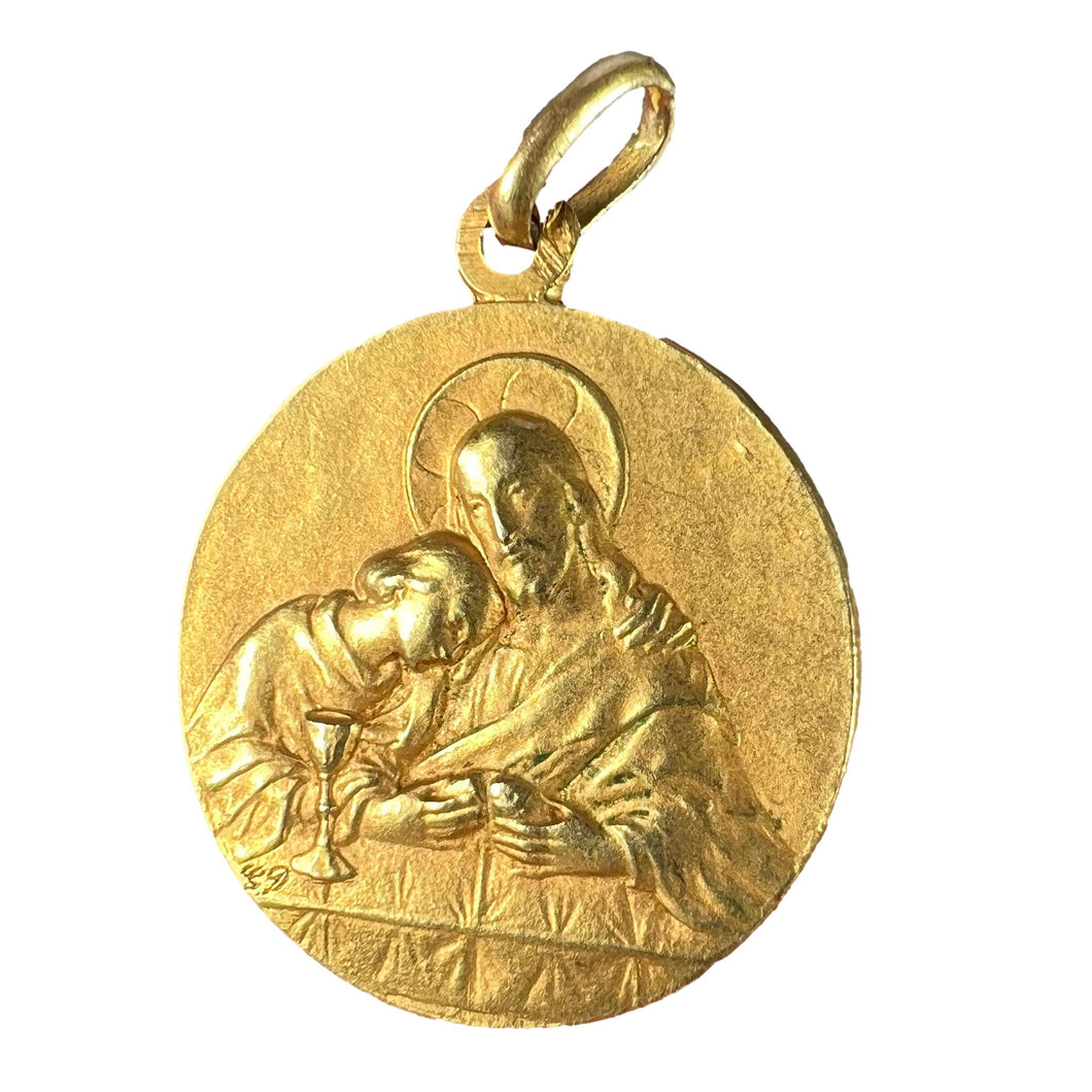 French Religious Medal Jesus Christ Holy Communion 18K Yellow Gold Charm Pendant