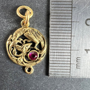 French Art Nouveau Griffon Chimera 18 Karat Yellow Gold Ruby Charm Pendant