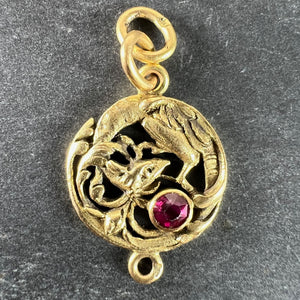 French Art Nouveau Griffon Chimera 18 Karat Yellow Gold Ruby Charm Pendant