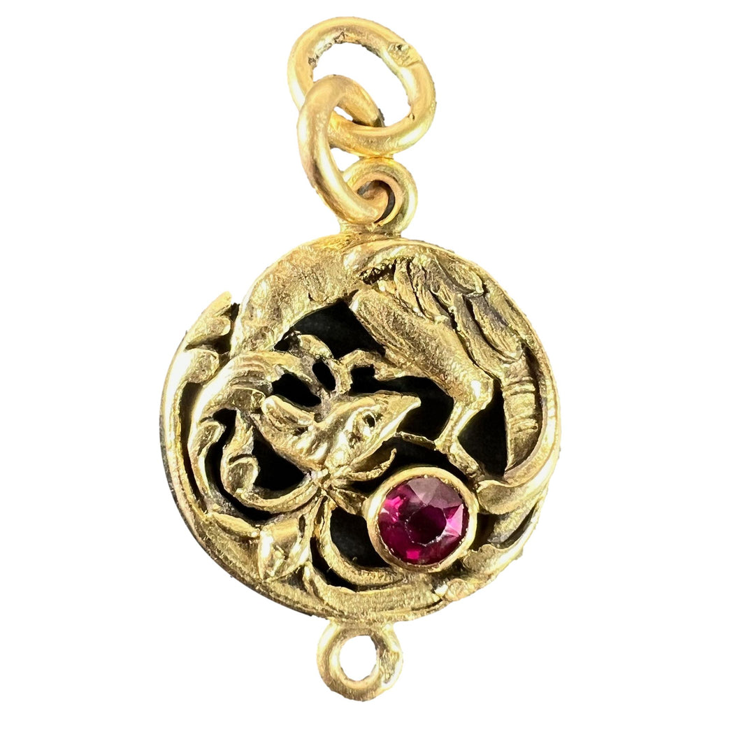 French Art Nouveau Griffon Chimera 18 Karat Yellow Gold Ruby Charm Pendant