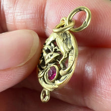 Load image into Gallery viewer, French Art Nouveau Griffon Chimera 18 Karat Yellow Gold Ruby Charm Pendant
