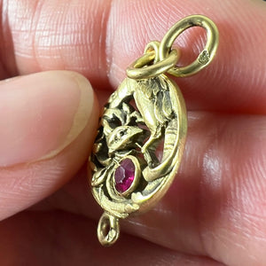 French Art Nouveau Griffon Chimera 18 Karat Yellow Gold Ruby Charm Pendant